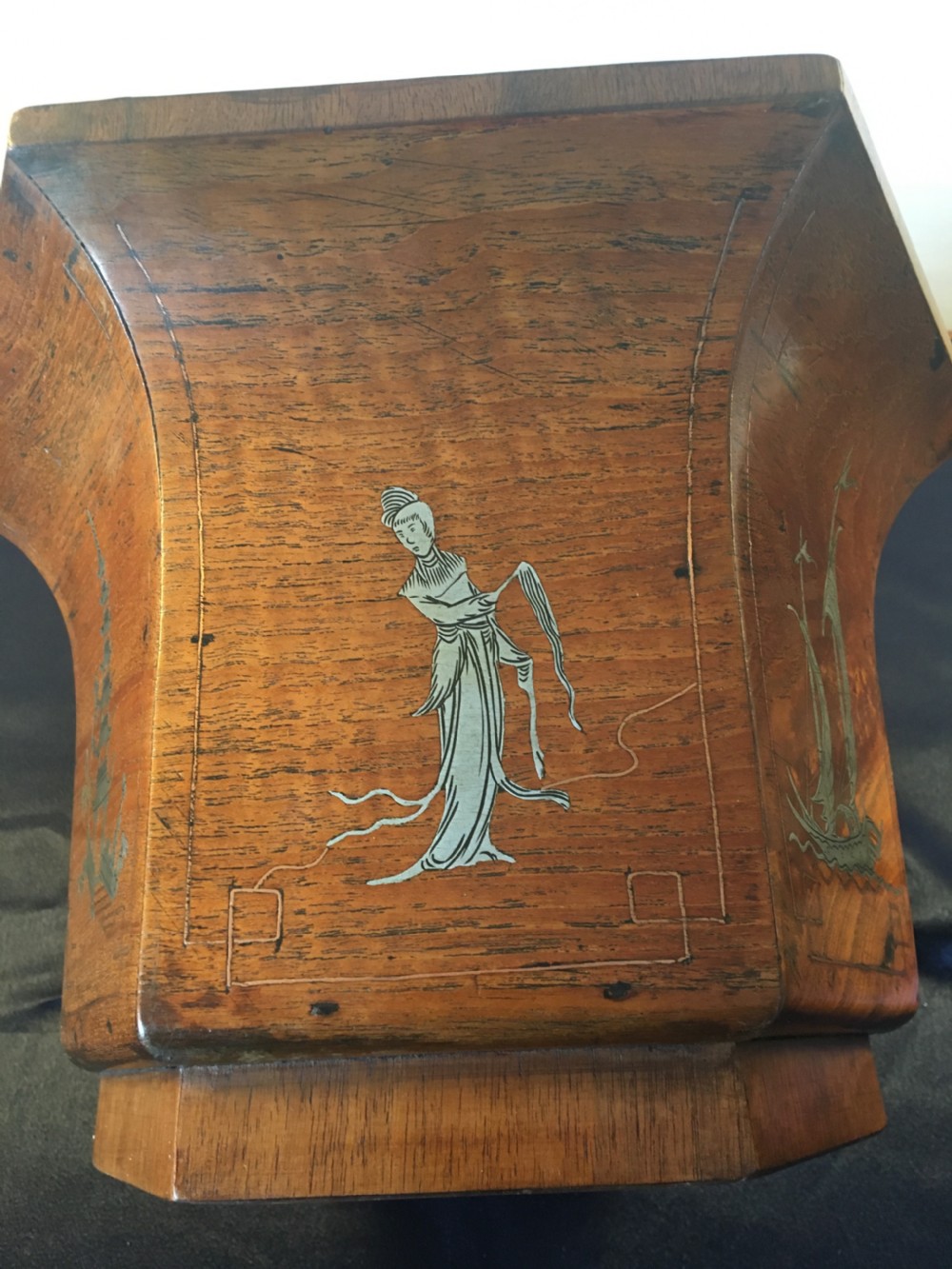 C1900 Oriental hardwood hexagonal planter with inlaid scenes View III