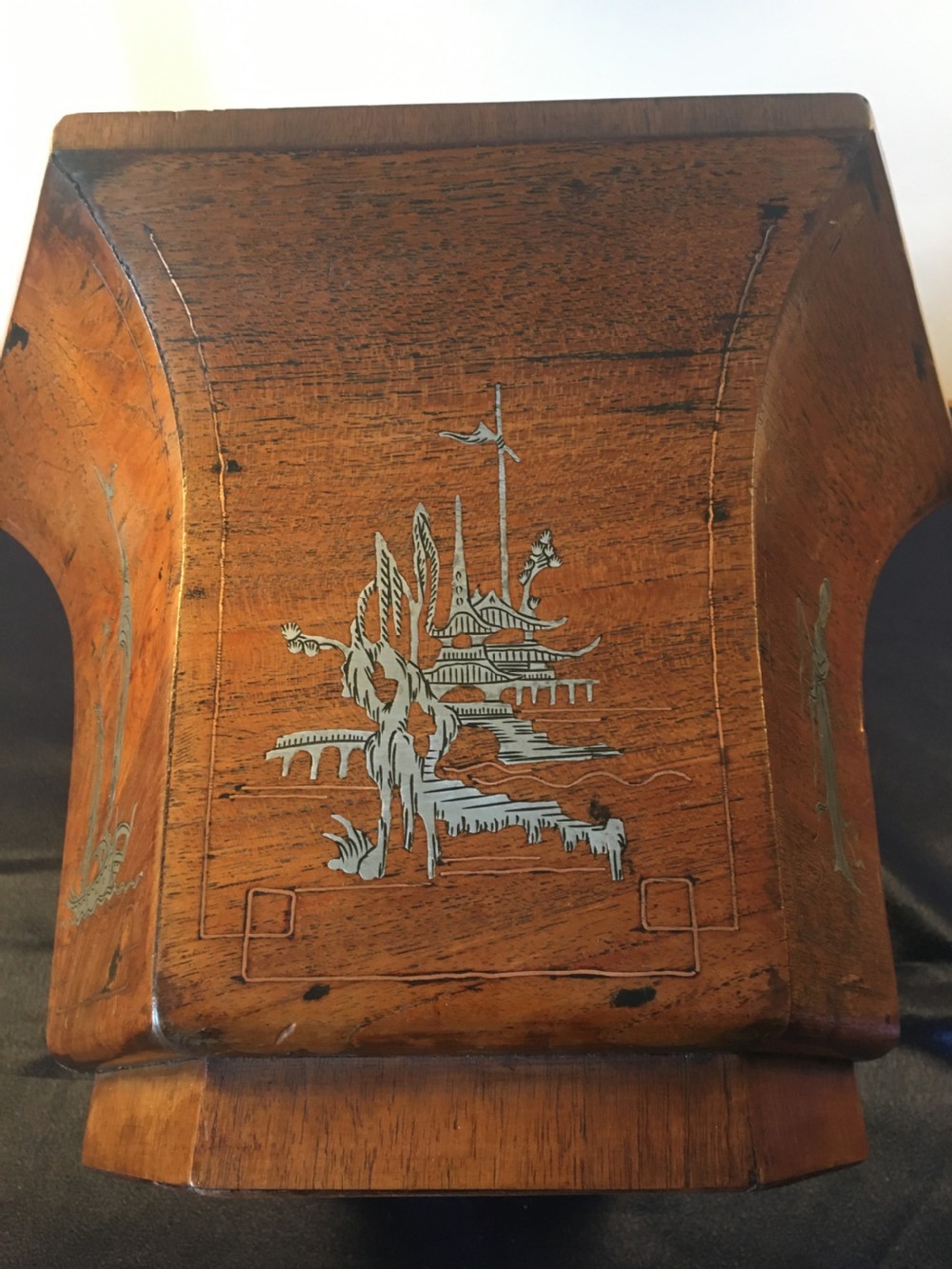 C1900 Oriental hardwood hexagonal planter with inlaid scenes View V