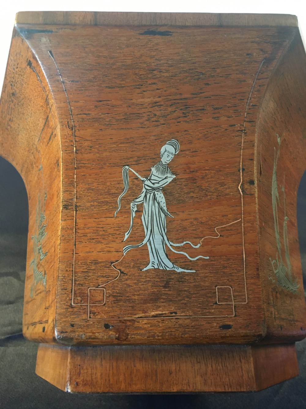 C1900 Oriental hardwood hexagonal planter with inlaid scenes View VI
