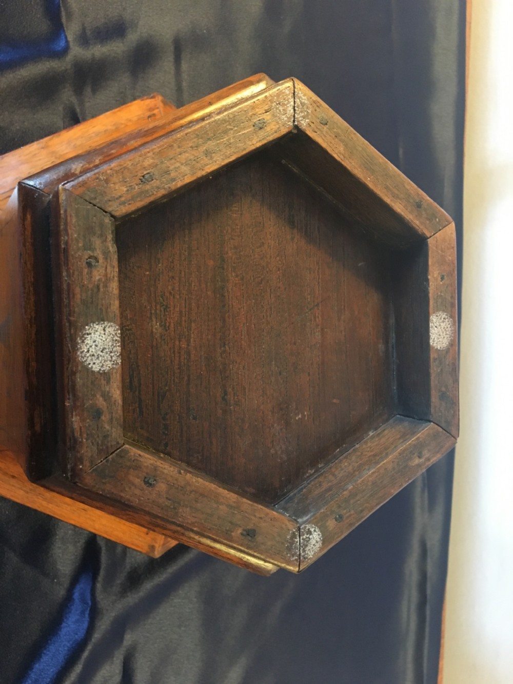 C1900 Oriental hardwood hexagonal planter with inlaid scenes View IX