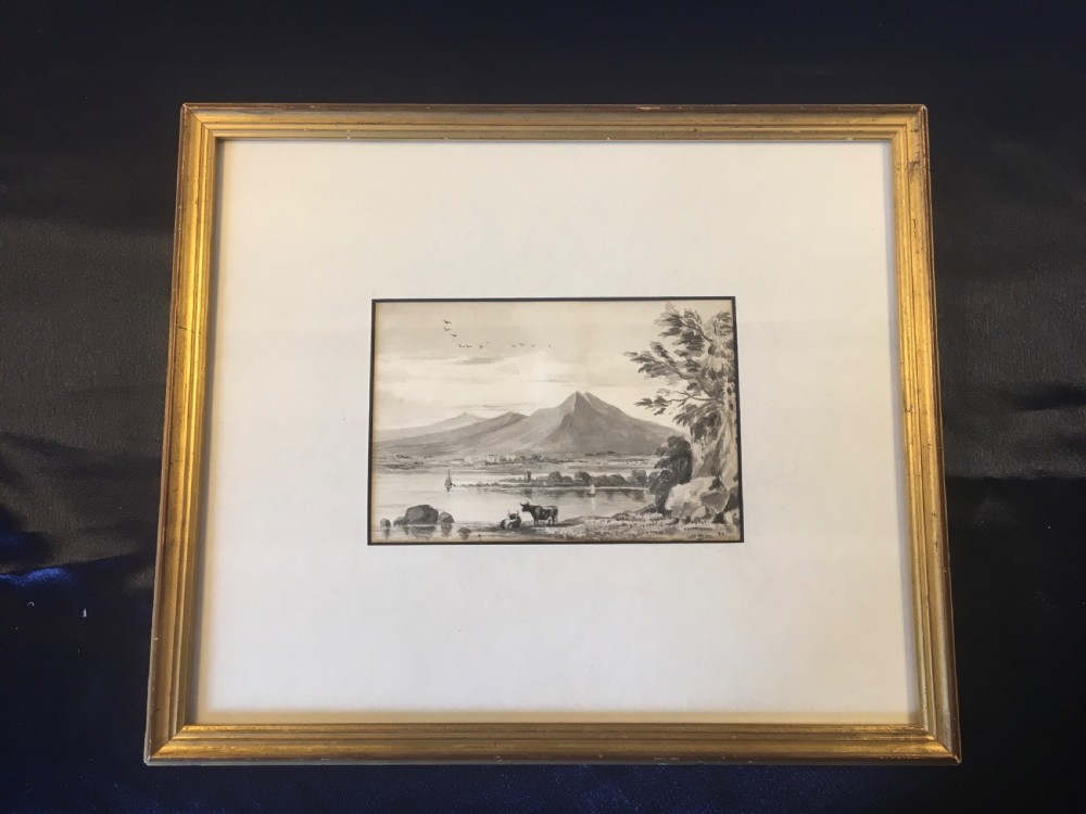 Mid  19thC  watercolour of a lake scene with cattle c1850