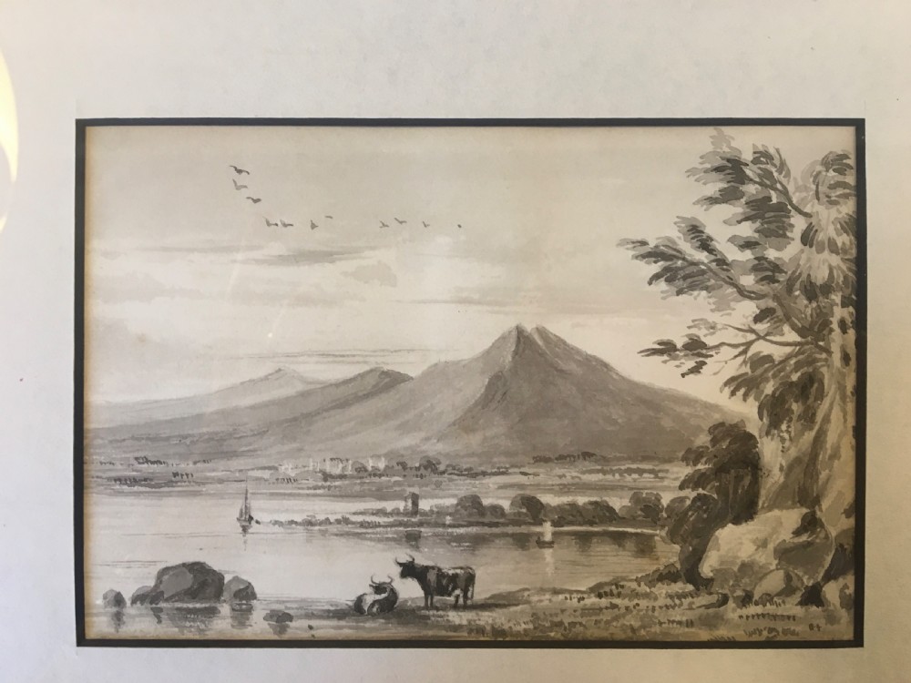 Mid  19thC  watercolour of a lake scene with cattle c1850 View II