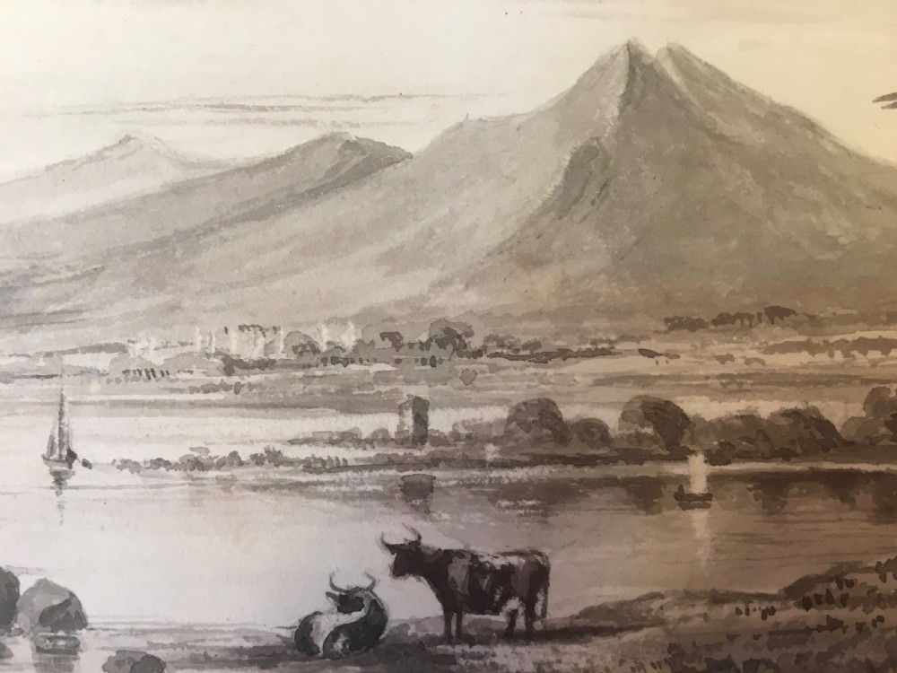Mid  19thC  watercolour of a lake scene with cattle c1850 View III