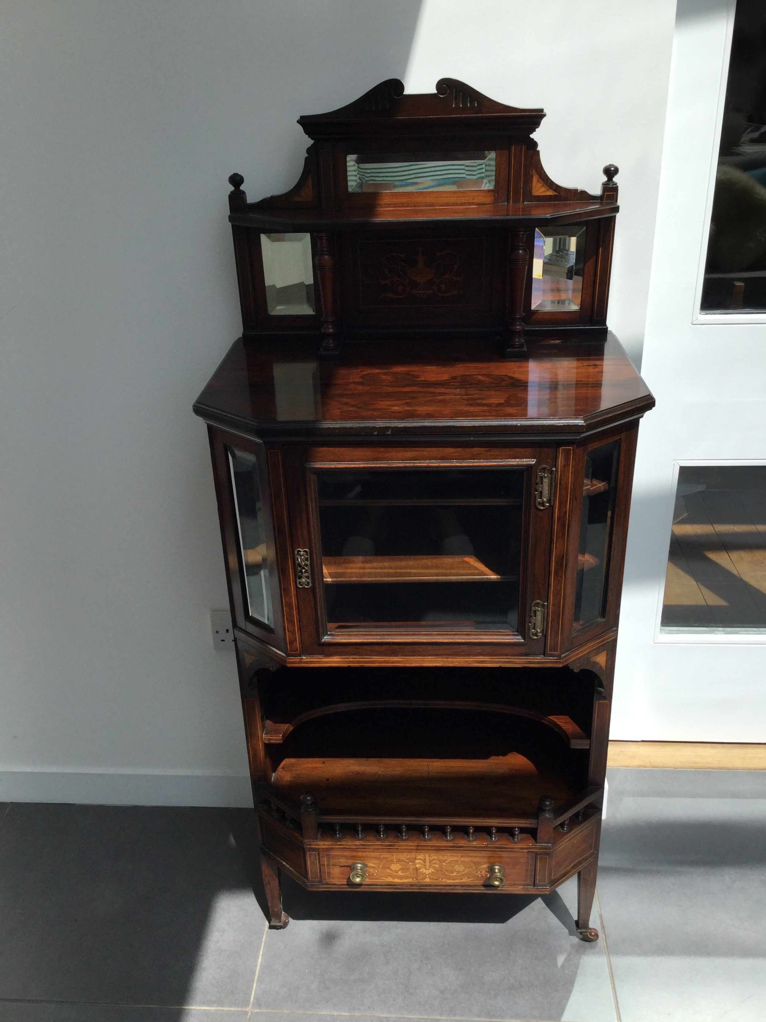 Late 19thC rosewood inlaid narrow cabinet with mirrors and shelves c1880