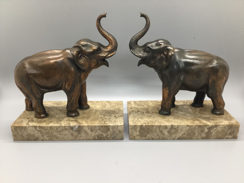 Art Deco French spelter elephant bookends on marble bases c1930