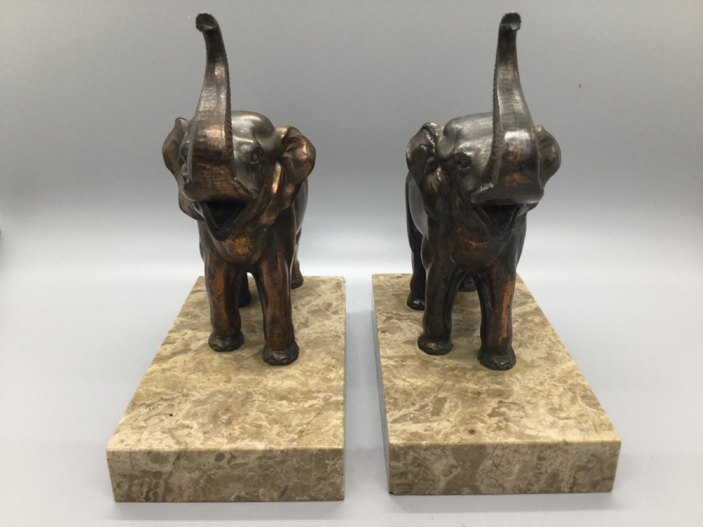 Art Deco French spelter elephant bookends on marble bases c1930 View III