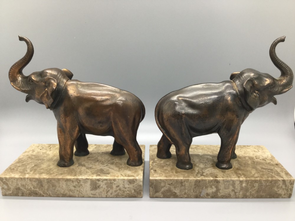 Art Deco French spelter elephant bookends on marble bases c1930 View IV