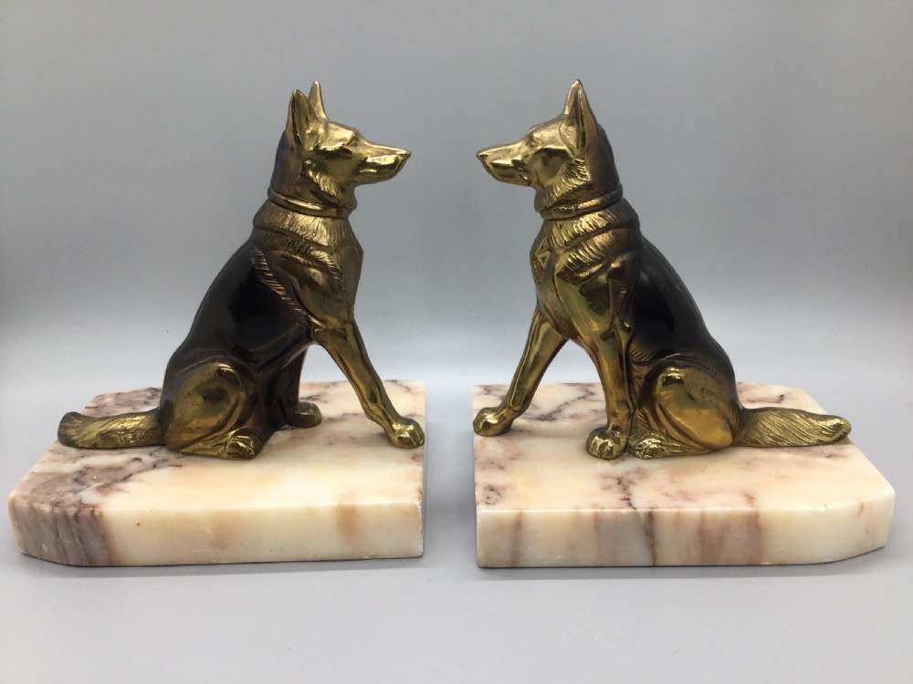 Art Deco French spelter dog bookends on marble bases c1930