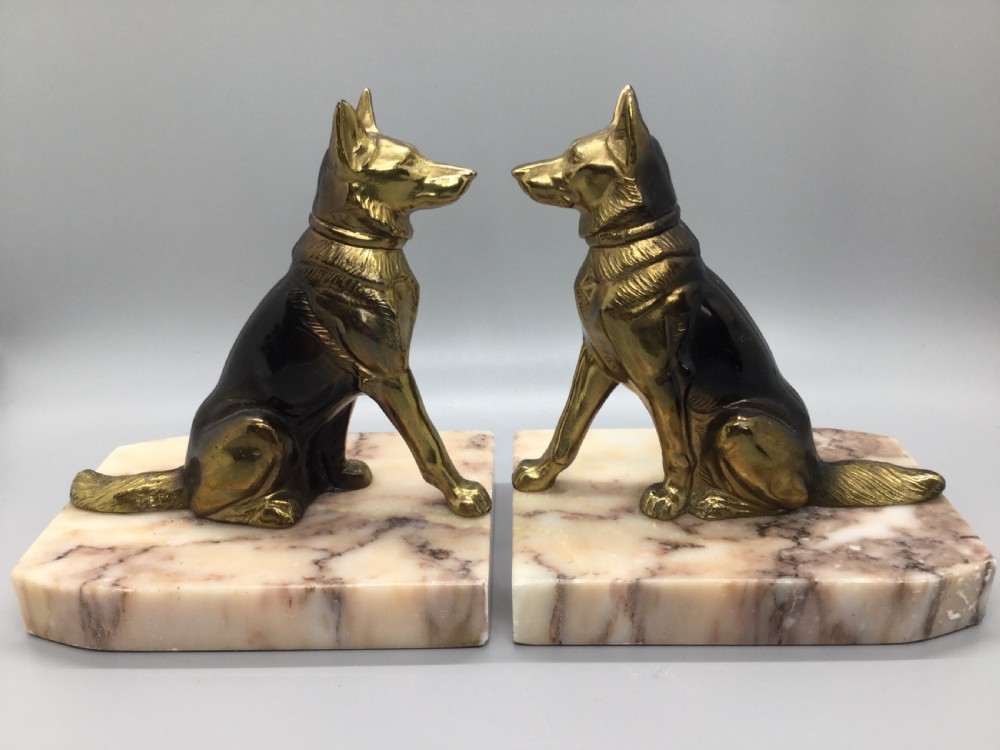 Art Deco French spelter dog bookends on marble bases c1930 View III