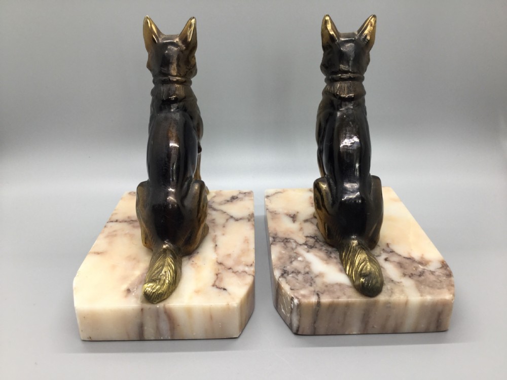 Art Deco French spelter dog bookends on marble bases c1930 View IV