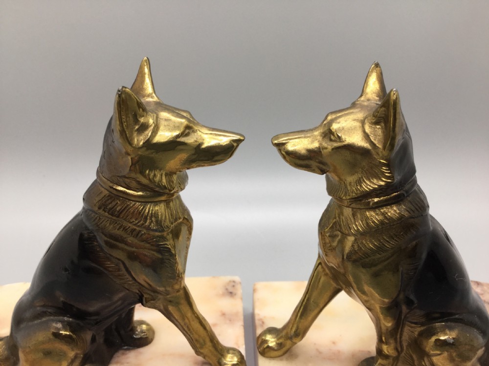 Art Deco French spelter dog bookends on marble bases c1930 View V