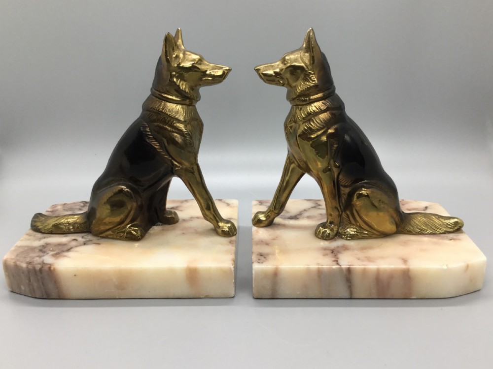 Art Deco French spelter dog bookends on marble bases c1930 View VIII