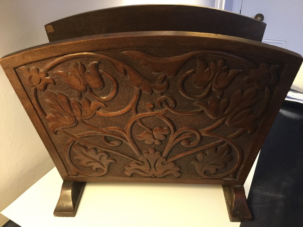 Late 19thC Arts & Crafts carved oak magazine rack c1870 View II