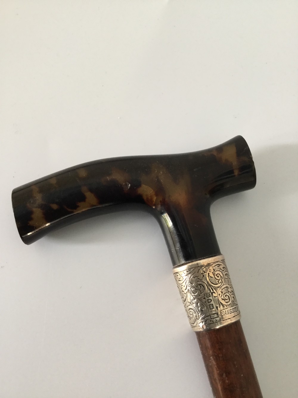 Edwardian silver, tortoiseshell and partridge wood stick cane London 1909 by Sangster