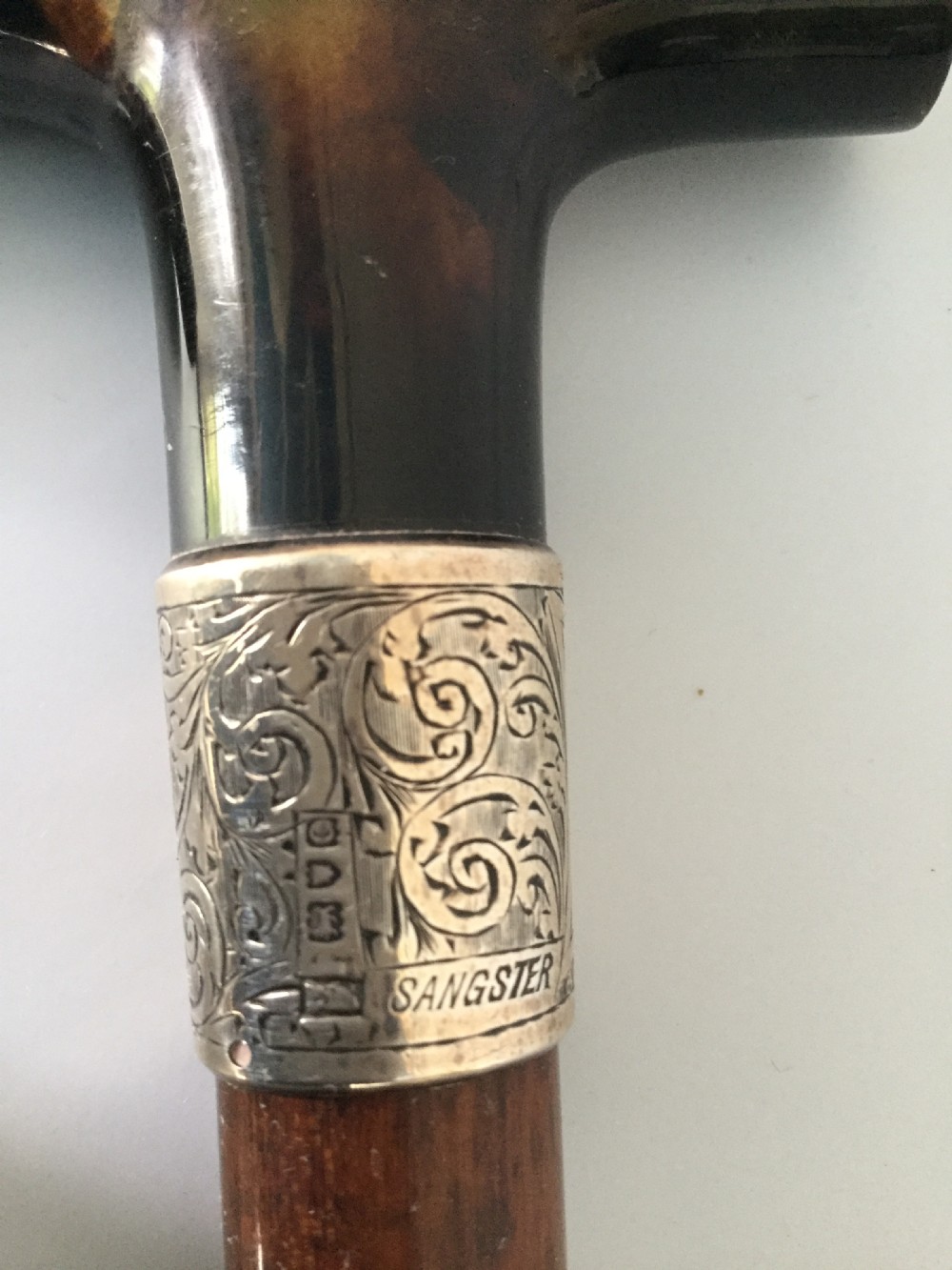 Edwardian silver, tortoiseshell and partridge wood stick cane London 1909 by Sangster View II