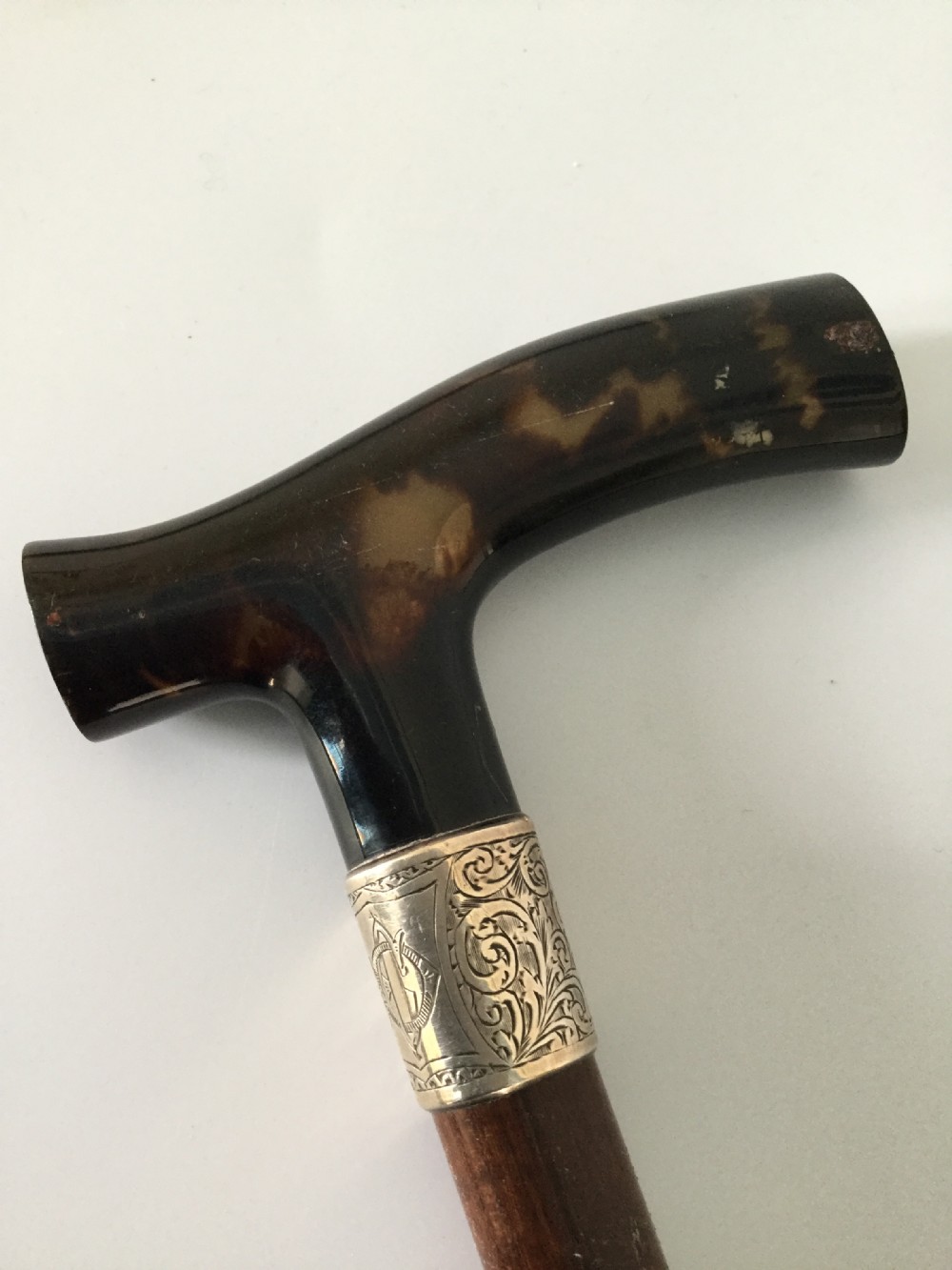 Edwardian silver, tortoiseshell and partridge wood stick cane London 1909 by Sangster View V