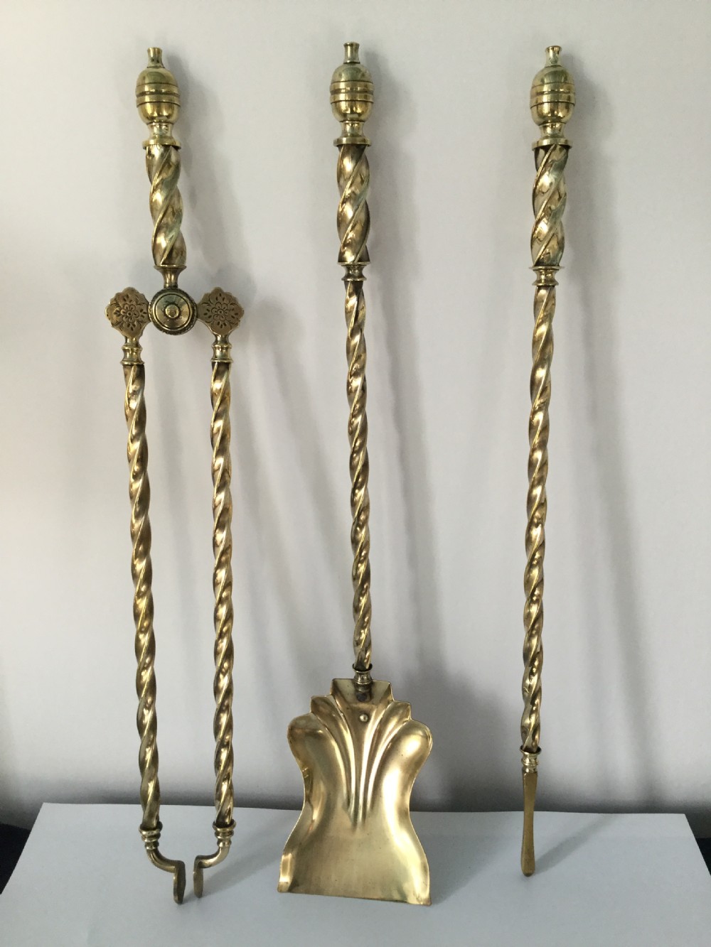 Early Victorian set of brass spiral fire irons c1860