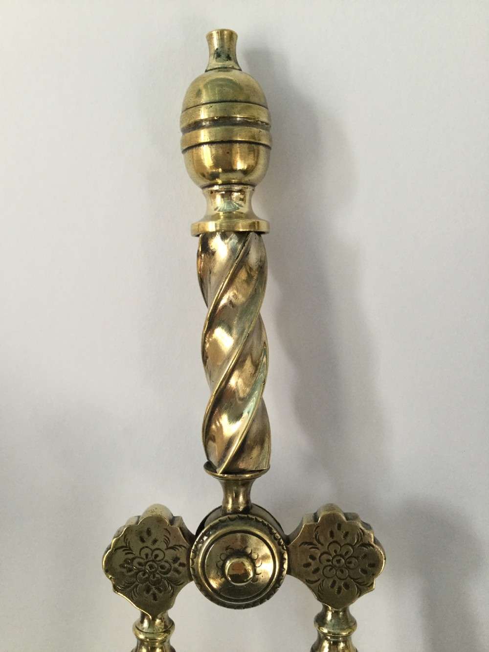 Early Victorian set of brass spiral fire irons c1860 View II