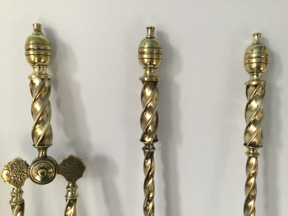 Early Victorian set of brass spiral fire irons c1860 View VI