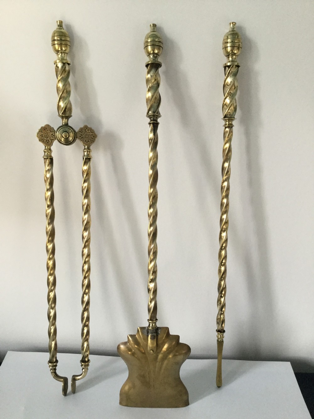 Early Victorian set of brass spiral fire irons c1860 View VIII