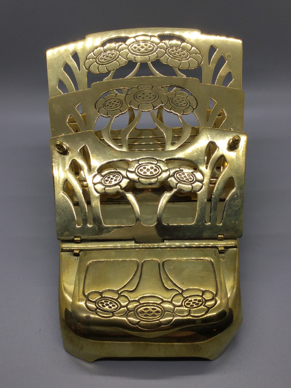 Late 19c folding Art Nouveau brass ink well and letter rack c1880