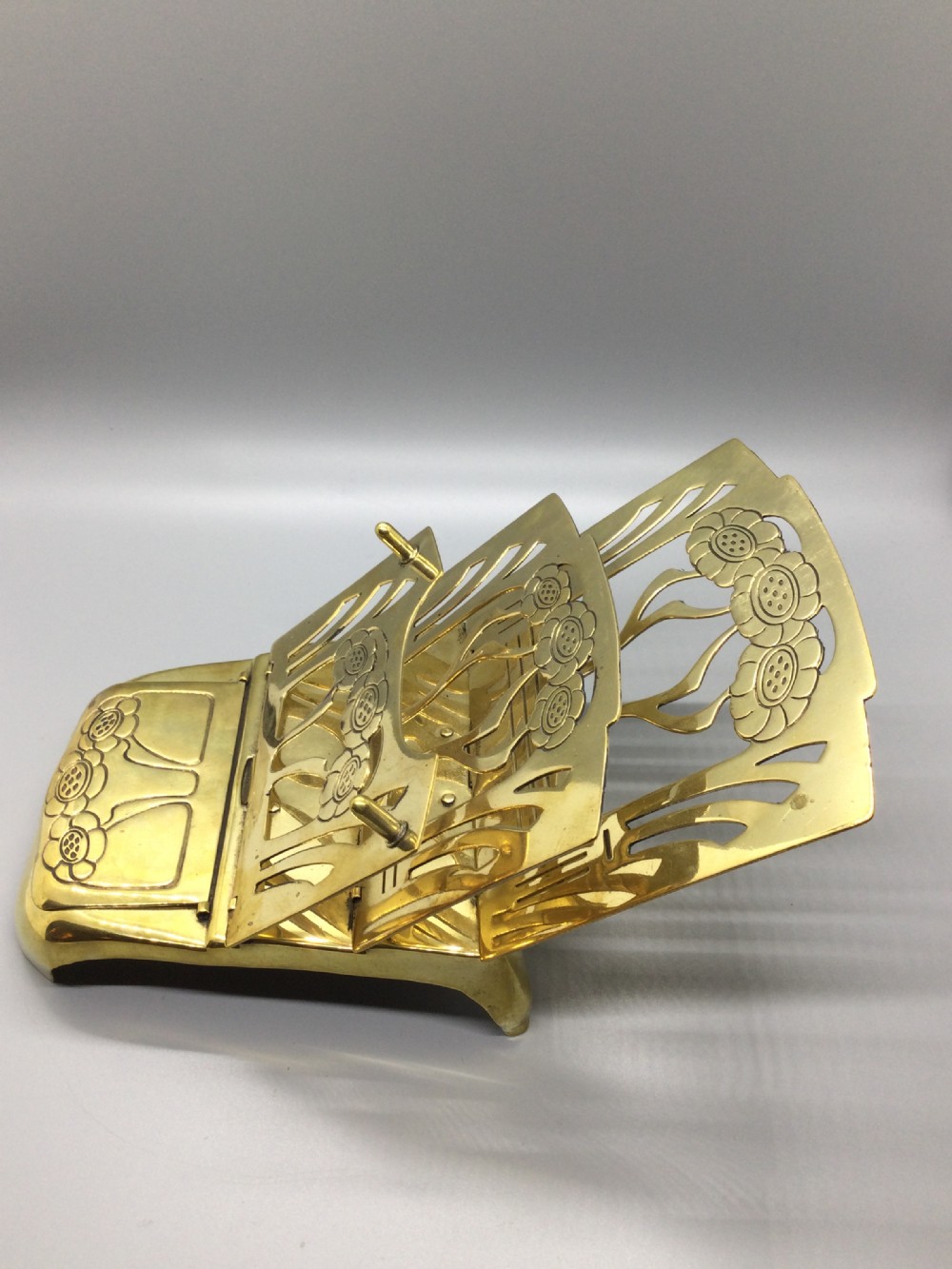 Late 19c folding Art Nouveau brass ink well and letter rack c1880 View IV