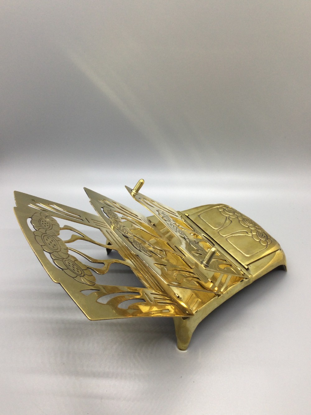 Late 19c folding Art Nouveau brass ink well and letter rack c1880 View VII