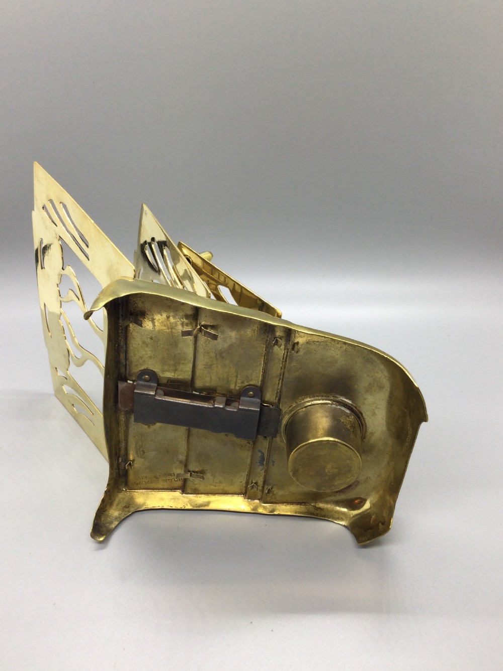 Late 19c folding Art Nouveau brass ink well and letter rack c1880 View VIII