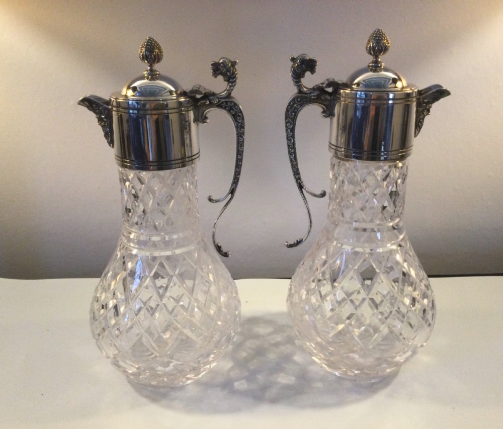 Edwardian matching pair of silver plated claret jugs c1910 View II