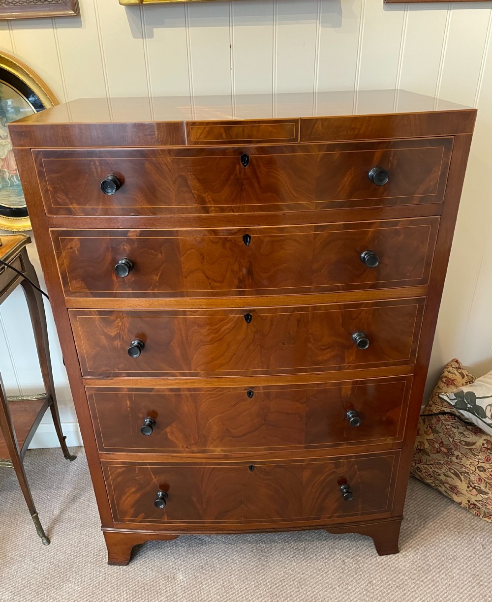 Edwardian mahogany bow front narrow chest c1910 View V