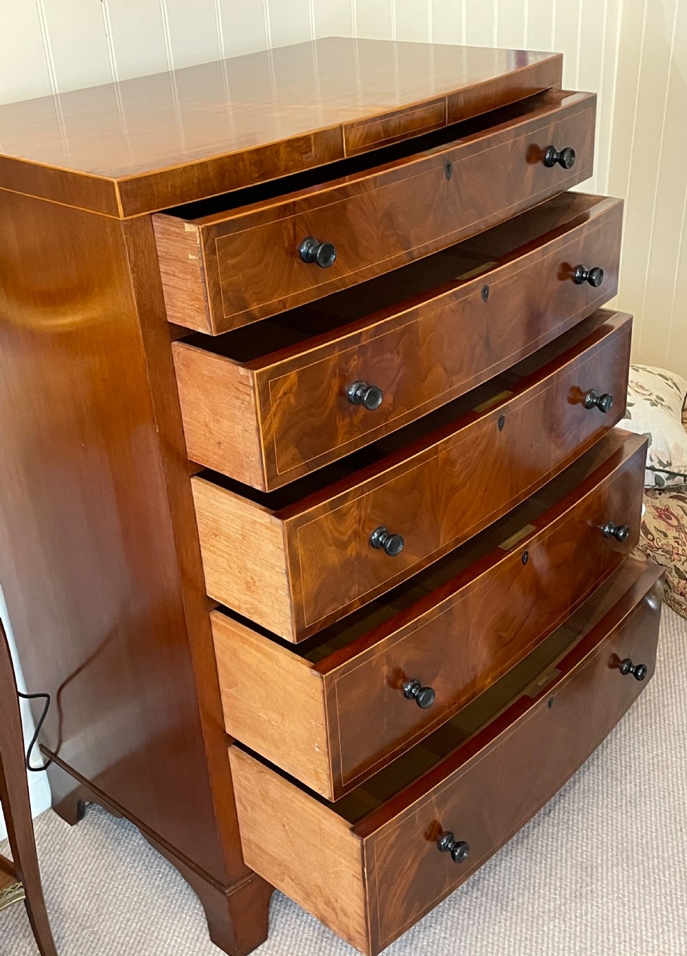 Edwardian mahogany bow front narrow chest c1910 View XIV