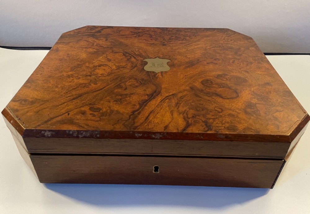 Victorian burr walnut box with 18 place silver plated dessert service c1880 View V