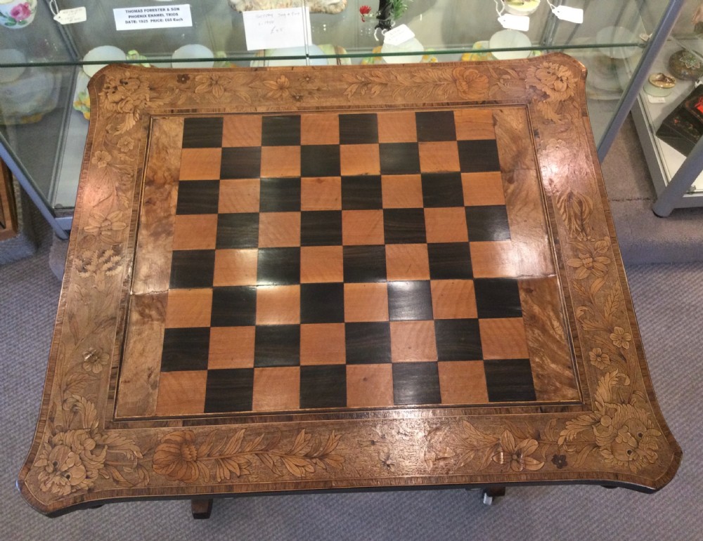 Early Victorian walnut games chess table c1860 View III