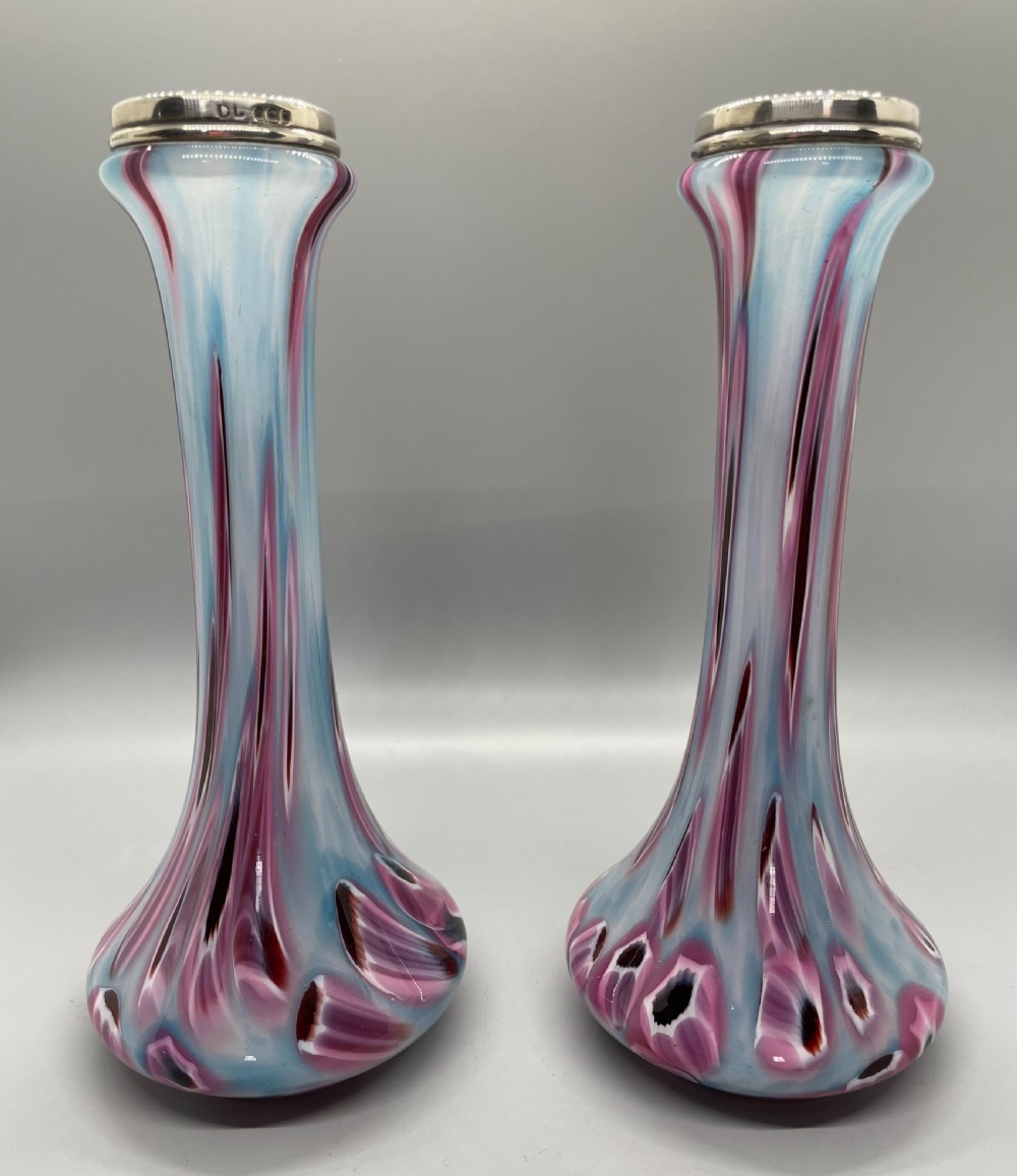 Art Deco opaque glass silver mounted vases London 1927