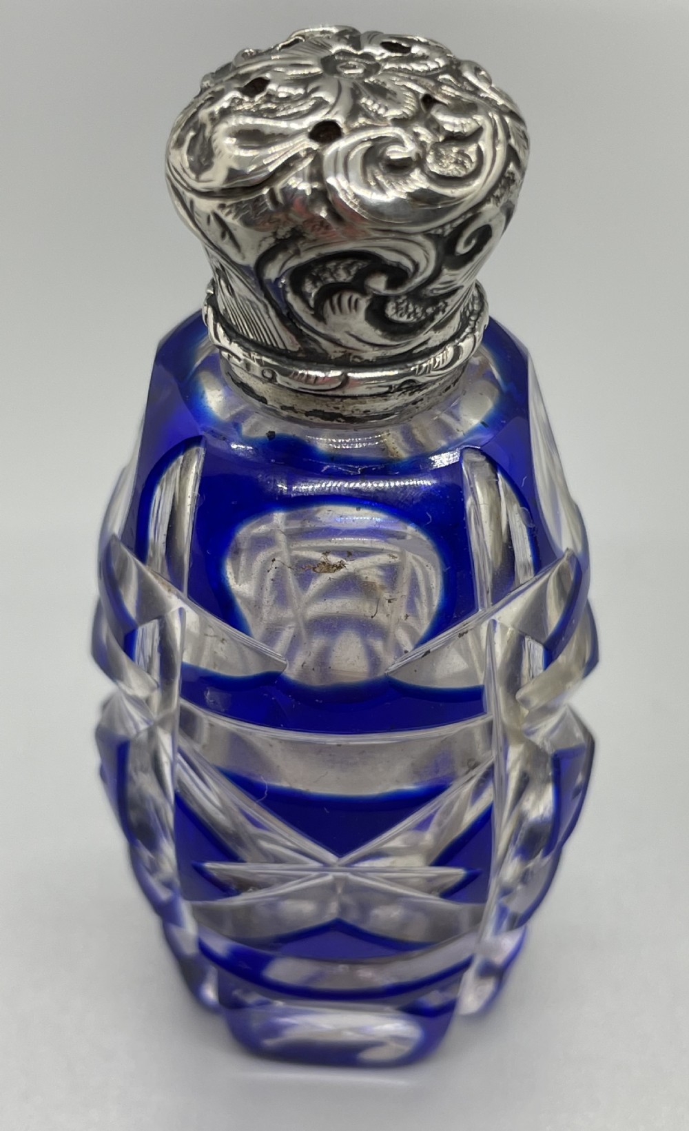 Late Victorian silver and Bristol blue overlay scent bottle c1880