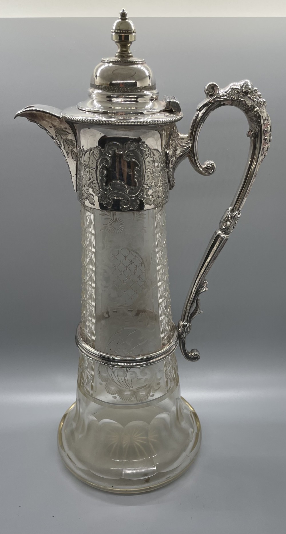 Victorian silver plate cut and engraved claret jug c1880