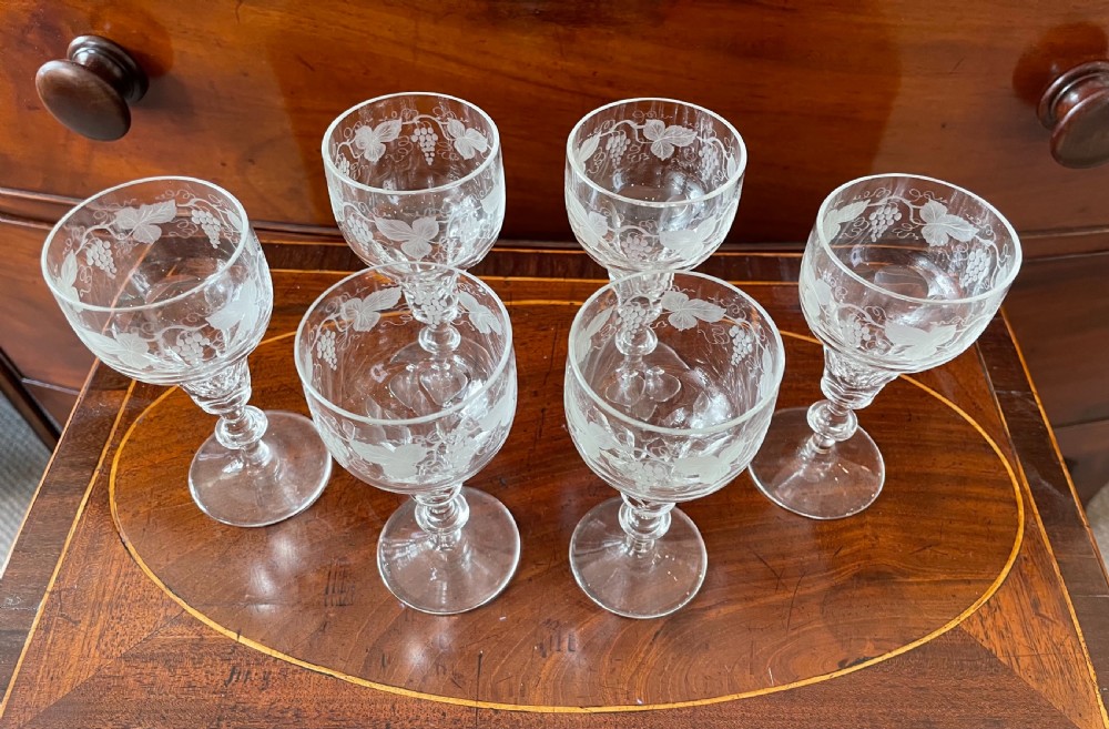 Set 6 Edwardian engraved and cut port wine glasses c1900 View II