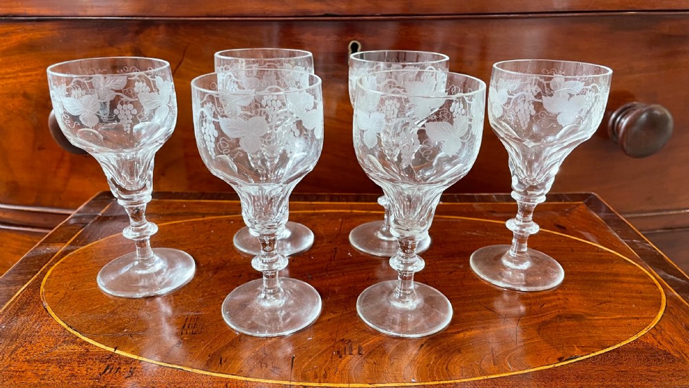 Set 6 Edwardian engraved and cut port wine glasses c1900 View III