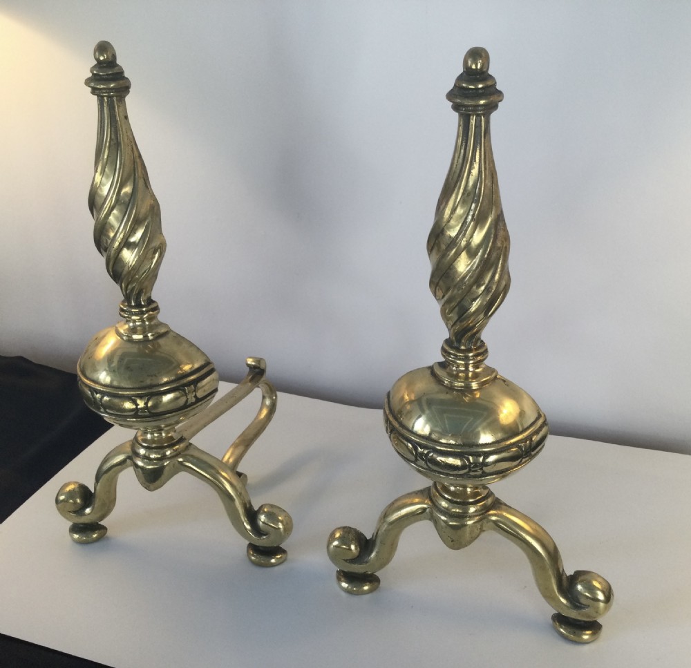 Late Regency pair brass andirons fire dogs c1840 View VI