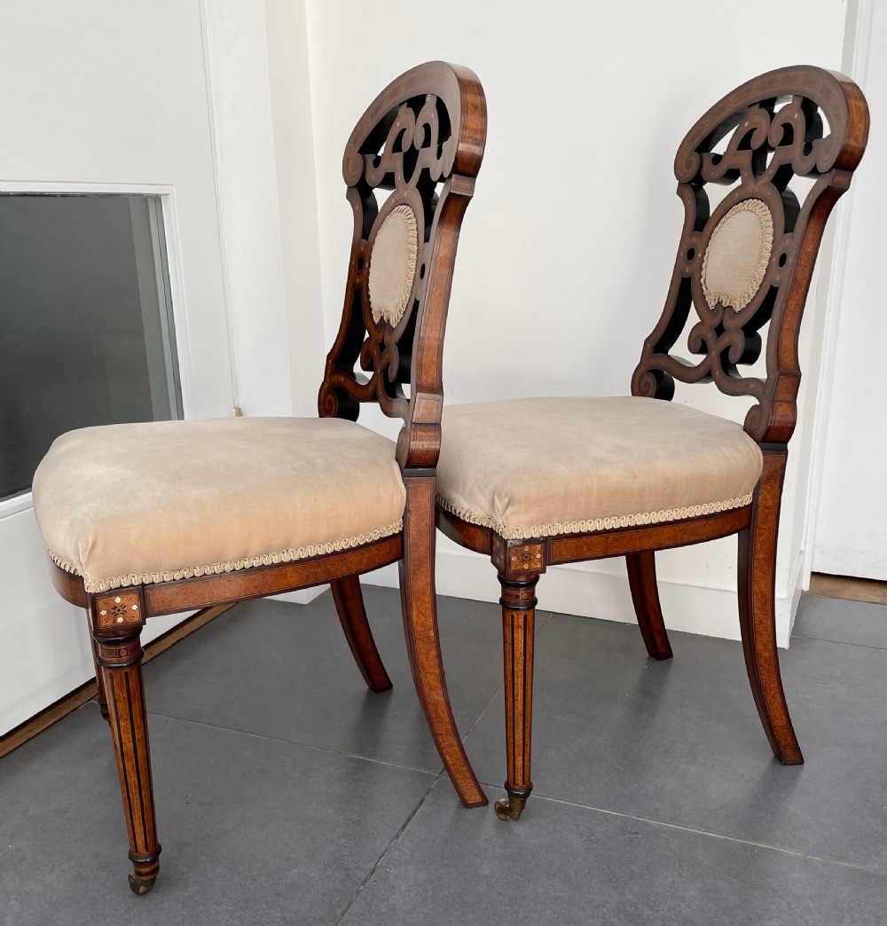 Pair Victorian Aesthetic Movement walnut and burr maple salon chairs c1870 View II