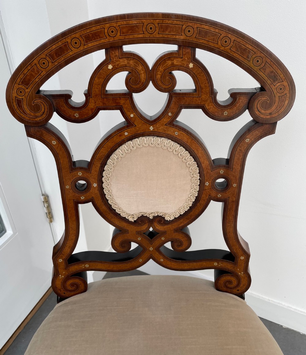 Pair Victorian Aesthetic Movement walnut and burr maple salon chairs c1870 View III