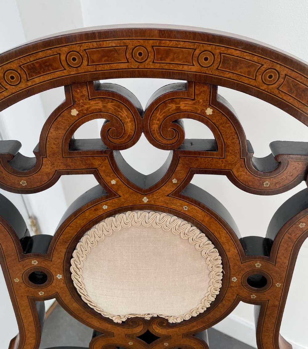 Pair Victorian Aesthetic Movement walnut and burr maple salon chairs c1870 View IV