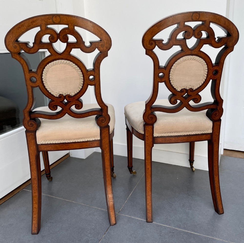 Pair Victorian Aesthetic Movement walnut and burr maple salon chairs c1870 View V