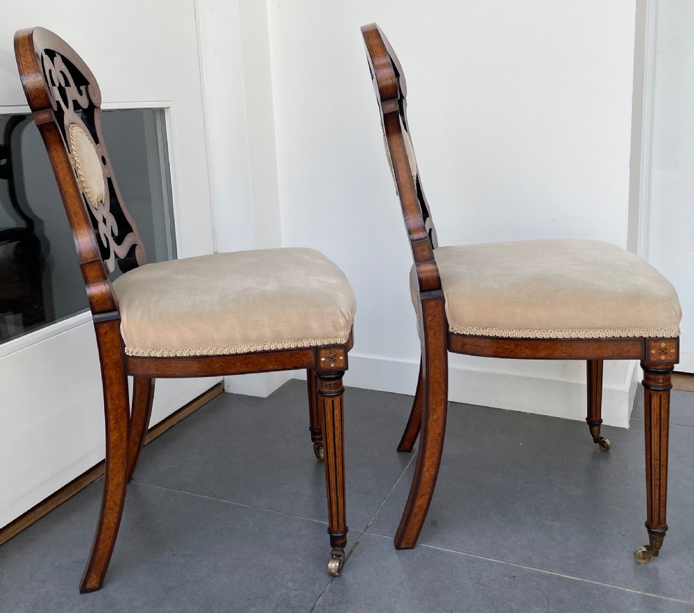 Pair Victorian Aesthetic Movement walnut and burr maple salon chairs c1870 View VI