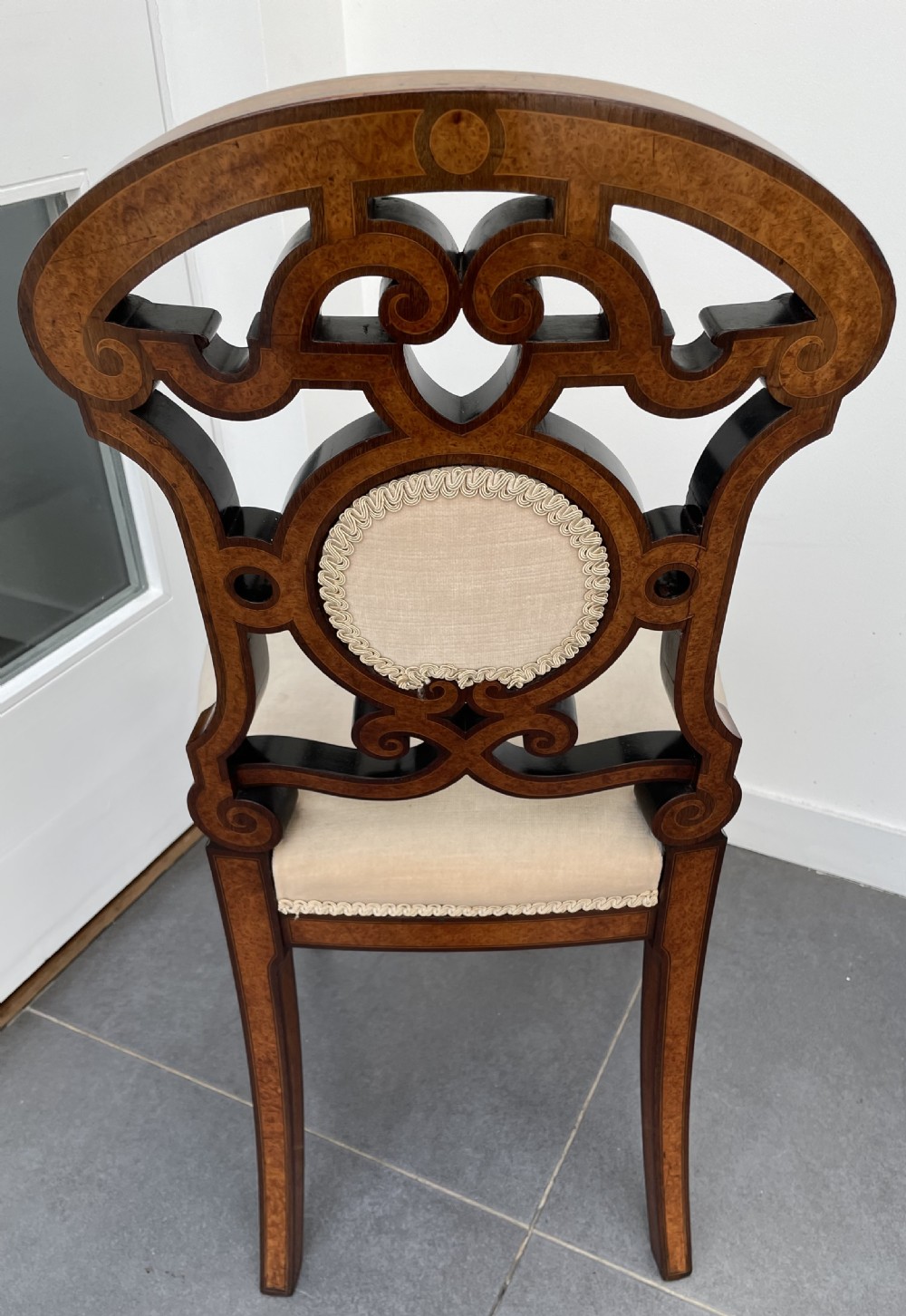Pair Victorian Aesthetic Movement walnut and burr maple salon chairs c1870 View IX
