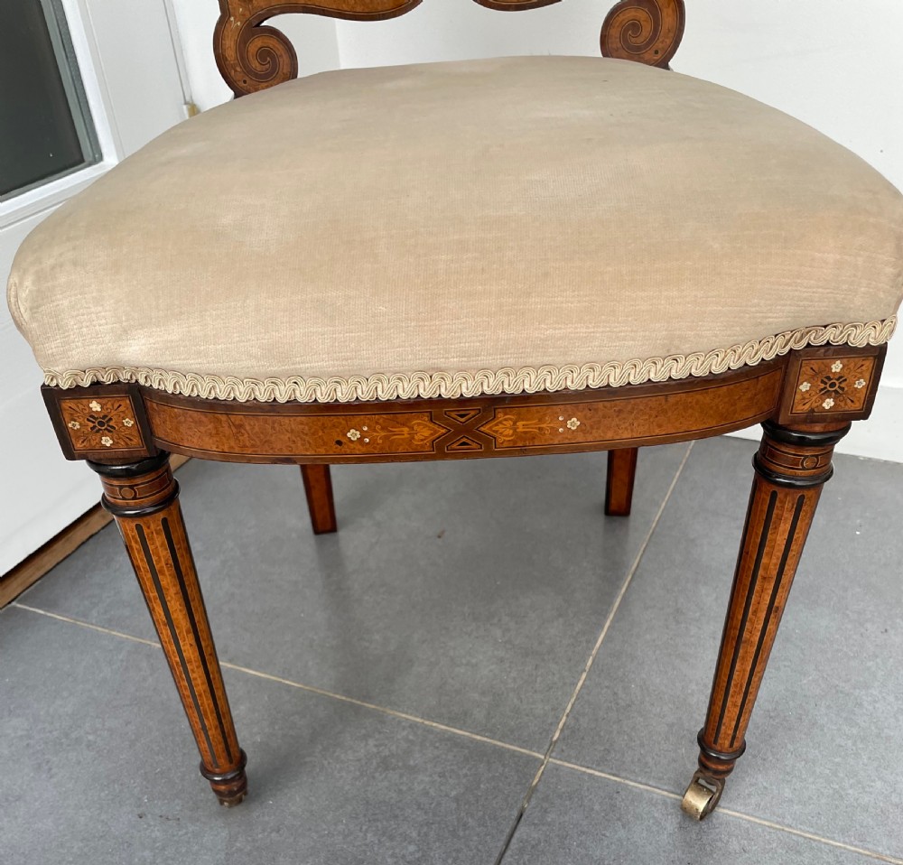 Pair Victorian Aesthetic Movement walnut and burr maple salon chairs c1870 View X