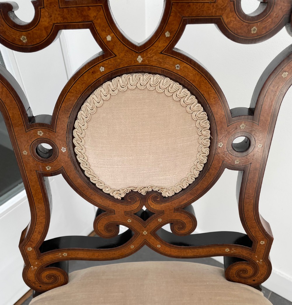 Pair Victorian Aesthetic Movement walnut and burr maple salon chairs c1870 View XI