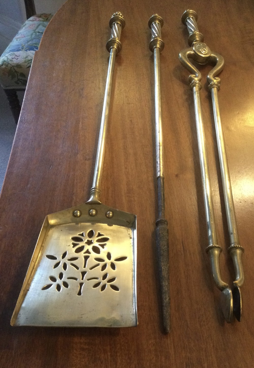 Set of early Victorian brass fire irons tools c1850