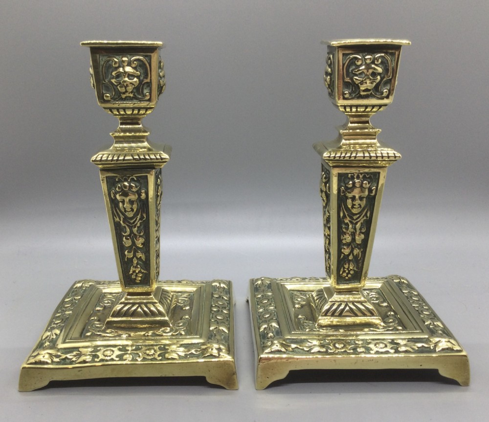 Pair mid 19thC brass ornate candlesticks c1850