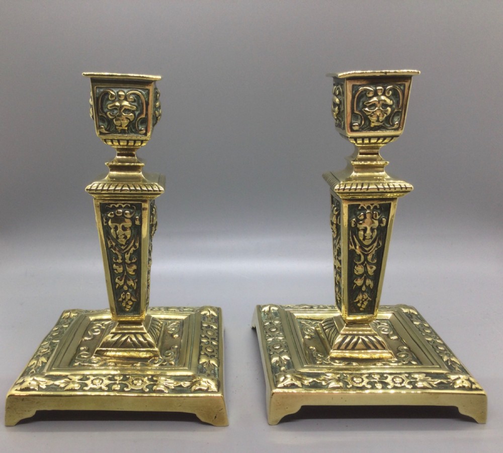 Pair mid 19thC brass ornate candlesticks c1850 View II